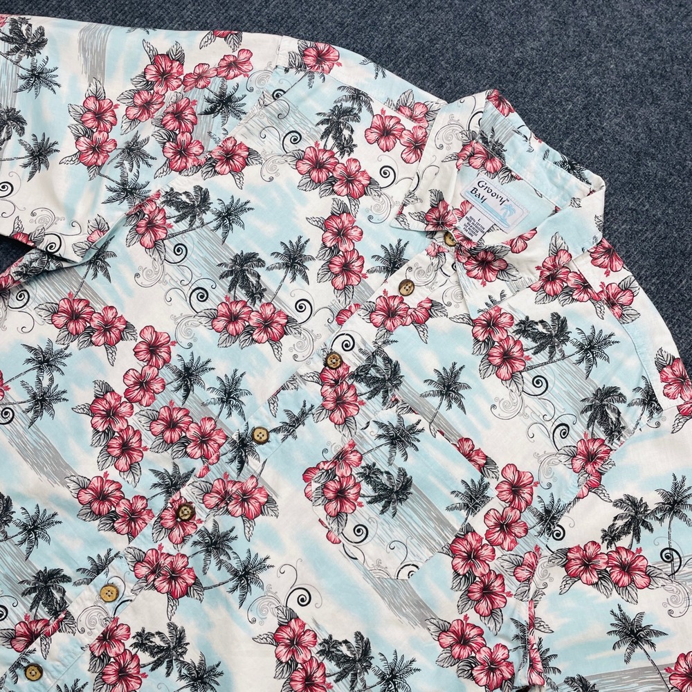 Groovy Bay Hawaiian Shirt Large Blue Pink Hibiscus Palm Tree Cotton Tropical Y2K
